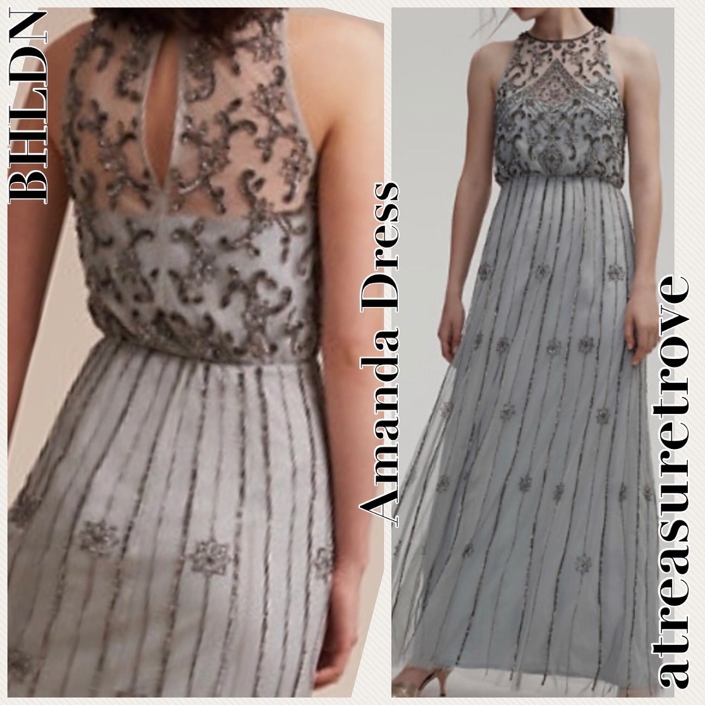 🥳HP BHLDN x Anthropologie Amada 0 /XS Blue Gray Beaded Embellished Blouson Maxi